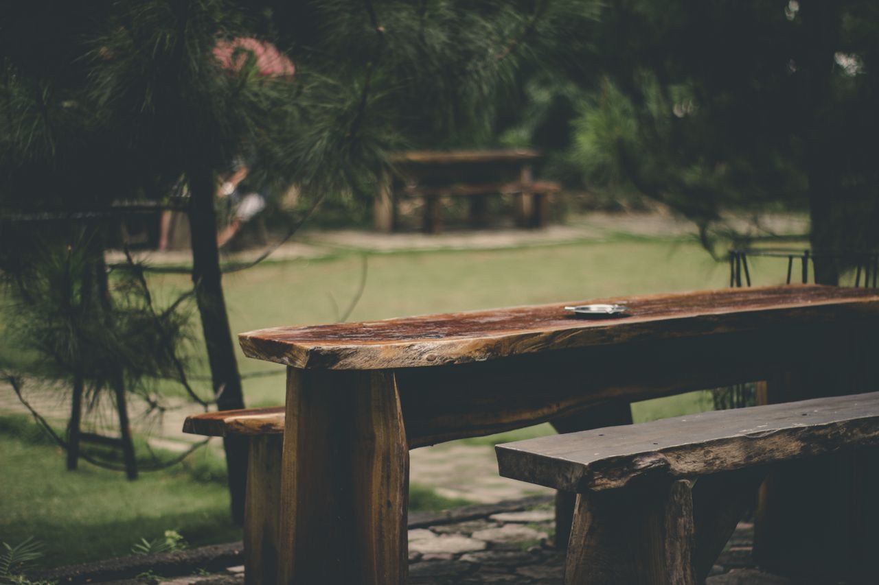 Scenic view of a rustic wooden bench in a lush green park in Cimenyan, Indonesia.